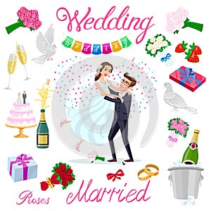 Set vector wedding just married couple with hearts avatars characters. roses flowers champagne cake newlyweds pigeons gifts rings