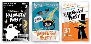 Set of vector Welcome to Halloween party posters in cartoon flat style