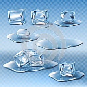 Set of vector wet melting ice cubes and water puddles