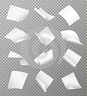 Set of vector white empty papers flying or falling in different positions with curled and twisted edges isolated on transparent