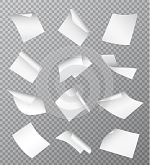 Set of vector white empty papers flying or falling in different positions with curled and twisted edges isolated on transparent