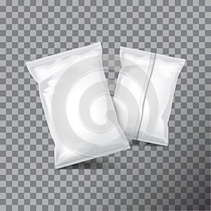 Set of vector white foil bag packaging for food, snack, coffee, cocoa, sweets, crackers, nuts, chips. Plastic pack