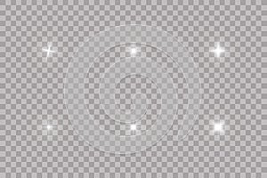 Set of Vector white glowing light effect stars bursts with sparkles on transparent background. Transparent stars