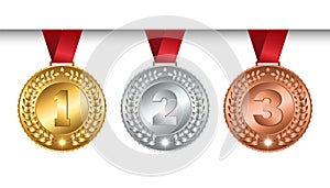 Set of vector winner medals golden silver bronze for champions with red ribbon, signs of first, second and third place, isolated