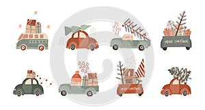 Set of vector winter Christmas retro cars with holiday gift boxes and Christmas trees in flat style