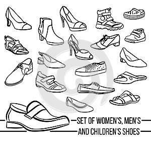Set vector women, men and children s shoes painted lines