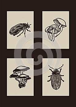 Set of vector woodcut scandi folkart of mushroom, bug clipart illustrations in woodland style. Collection of whimsical