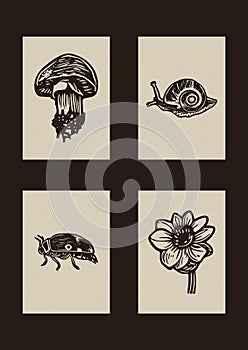 Set of vector woodcut scandi folkart of snail, mushroom, bug and flower clipart illustrations in woodland style