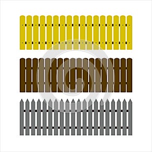 Set of vector wooden fences and picket fences, isolated elements