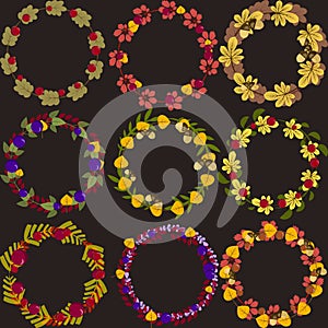 Set of vector wreaths with autumn leaves berries and acorns vect