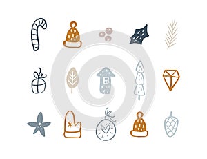 Set Vector xmas doodle scandinavian elements. Christmas and New year decoration. Winter background for fabric, textile