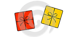 Set of vector yellow red gift boxes in flat doodle style. Holiday Christmas birthday party present surprise