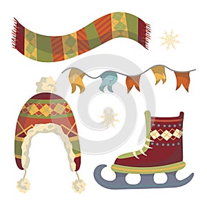 set of vectors christmas new year scarf in ornament skates hat