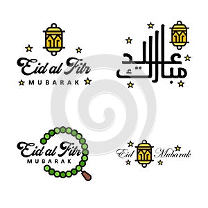 Set of 4 Vectors Eid Mubarak Happy Eid for You In Arabic Calligraphy Style Curly Script with Stars Lamp moon