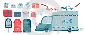 Set of vectors of mailbox, letters, envelopes, letterheads, mail delivery machine, boxes, pens. The concept of delivery