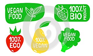 Set of vegan, eco, bio food label. Green leaves veggie, organic icon. Healthy, eco, organic, vegetable logo