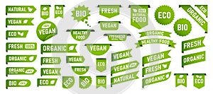 Set of Vegan, Eco, Bio, Organic, Fresh, Healthy, 100 percent, natural food. Natural product. Collection of 60 emblem, cafe, badges