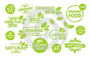 Set of Vegan, eco, bio, organic, fresh, healthy, 100 percent, nateral food. Natural product. Collection of emblem cafe, badges,