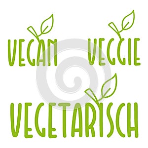 Set of Vegan hand drawn lettering. Vegetarian Veggy organic concept. Food logo design collection