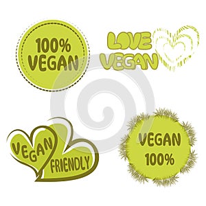 Set of vegan icons. Vegan friendly. Fresh organic vegetarian food logo labels. Vegetarian eco green concept. Stickers for food