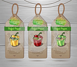 Set of vegan labels. Vegetarian menu design with vegan meal Stuffed pepper. Restaurant menu