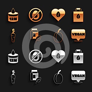 Set Vegan milk, Shopping bag with recycle, food diet, Plum fruit, Carrot, Organic cosmetic and No meat icon. Vector