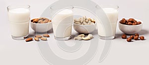 Set of vegan non diary milk. Health care and diet concept. Banner format