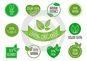 Set of vegan, organic, healthy food signs, logos, icons, labels. Healthy food badges, tags set for cafe, restaurants, products pac