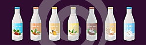 Set vegan plant based milk glass bottle organic dairy free natural raw vegan milk healthy cow beverage alternative