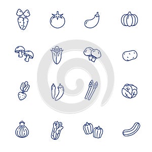 Set of vegetable icons in  blue line design isolated on white