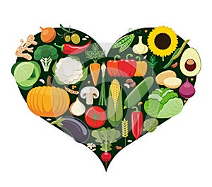 Set of vegetable icons forming heart shape.