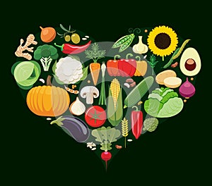 Set of vegetable icons forming heart shape.