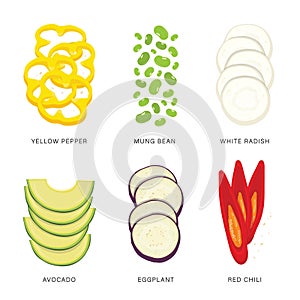 Set of Vegetable Slices. Organic and healthy food isolated element Vector illustration.