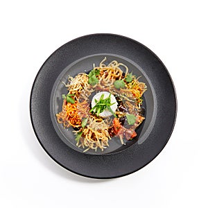 Special dishes of Pan-Asian cuisine in dark plate