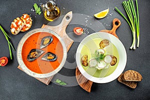 set vegetable soup. tomato soup with mussels and zucchini. organic healthy products. Detox and clean diet concept