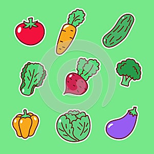 Set of vegetable vectors illustration with a cute design on green background