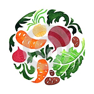 Set of vegetables in circle, carrot, beet, potato, salad leaf. Organic food, healthy vegetarian food concept. Banner photo