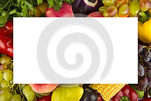 Set of vegetables and fruits background. Frame with free space for text