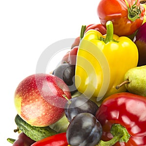 Set of vegetables and fruits isolated on a white . There is free space for text