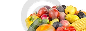 Set of vegetables and fruits isolated on a white. Wide photo. There is free space for text