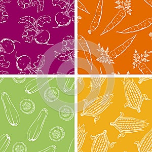 Set of vegetables seamless patterns. Corn, beets, carrots and zucchini.