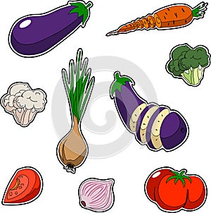 Set of vegetables, sticker style. Set contains onion broccoli tomato garlic eggplant cabbage carrot cauliflower sliced