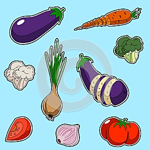 Set of vegetables, sticker style. Set contains onion broccoli tomato garlic eggplant cabbage carrot cauliflower sliced