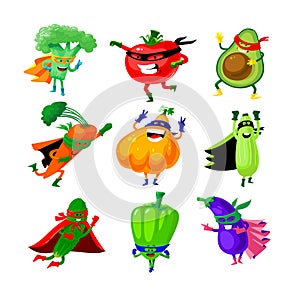 Set of Vegetables in Super Hero Costume. Funny Veggies Broccoli, Tomato and Avocado with Carrot. Pumpkin and Squash photo