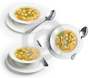 Set of Veggie Soup shot in different angles, Vegetarian soup isolated on white, Clipping path included