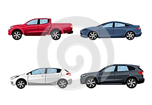 Set of vehicles pickup truck, Hatchback, suv and sedan in side view.