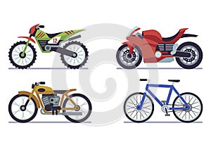 Set of vehicles. Racing motorcycles, sports mountain bike for road racing, speed race modern vehicle travel and sport