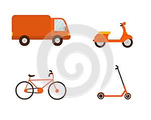 Set of vehicles. Transportation for delivery. A retro vintage motorbike, a delivery truck, ecological bicycle and