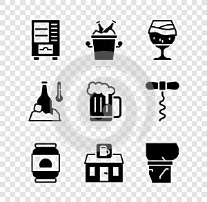 Set Vending machine, Beer bottles ice bucket, Glass of beer, can, Store building shop, belly, Cold and Wooden mug icon