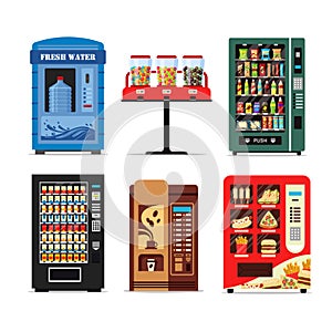 Set vending machines full of products, dispensers collection with water candy cigarettes snacks coffee hot food isolated